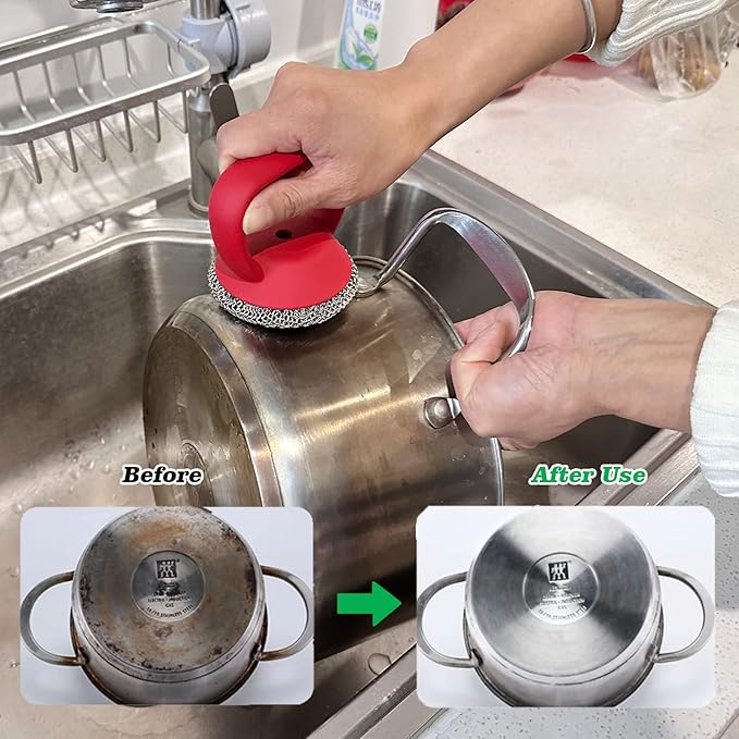 MEIXINZHI Cast Iron Cleaner, Chain Mail Scrubber & Pan Grill Scrapers - 2 in 1 Cast Iron Skillet Cleaner (red, with mat)