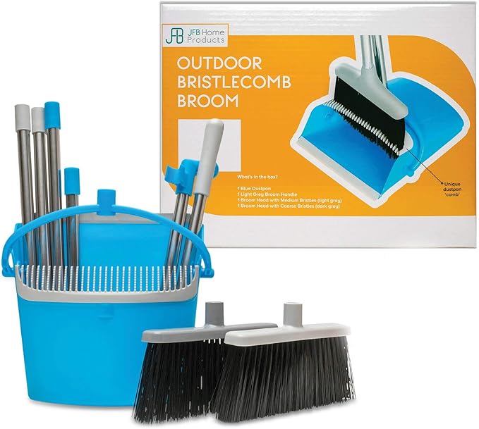 BristleComb Outdoor Broom & Dustpan Set Upright, 49" Long Adjustable Broom, Long Handle, Self-Cleaning Comb & 2 Interchangeable Heads of Different Stiffness - Medium and Coarse
