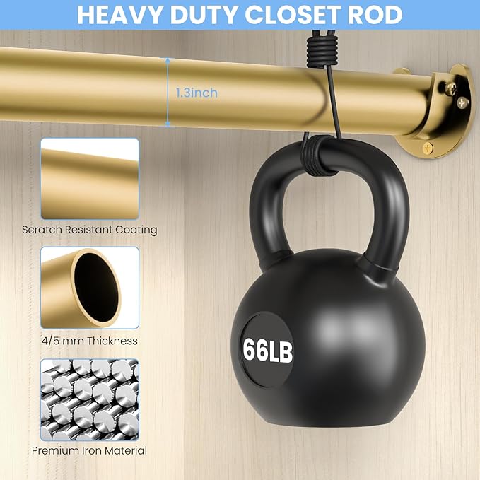 Closet Rods for Hanging Clothes, 17 to 39 Inch Heavy Duty Stepless Adjustable Closet Hanging Rod, 1.3 Inch Diameter Metal Closet Rod for Wardrobes Laundry Bedroom RV, Gold