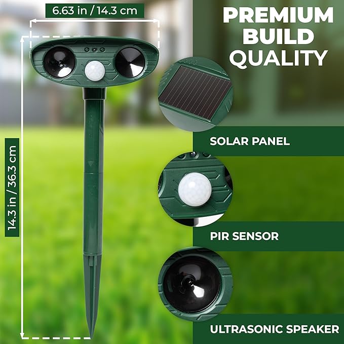 Solar Ultrasonic Animal Repeller Pack 2PCS | 120° Motion Sensor Up to 33ft Range | Waterproof Outdoor Deterrent for Garden & Yard | Deer, Cat, Dog & Raccoon Repellent | Solar Powered Pest