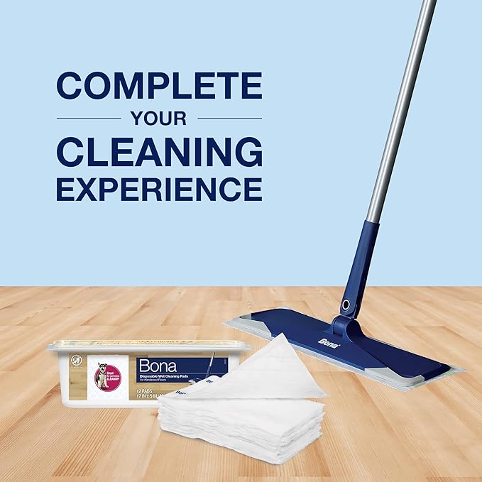 Bona Hardwood Floor Disposable Wet Cleaning Pads - 12 cleaning pads per pack - unscented - Use with Bona Mops - Residue-Free Floor Cleaning Solution for Wood Floors