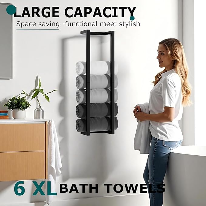 Towel Racks for Bathroom,304 Stainless Steel Towel Storage Racks for Rolled Bath Towels Can Hold 6 Large Towels,Wall Mounted 30 Inch Bathroom Organizer for Small Space Black Towel Holder