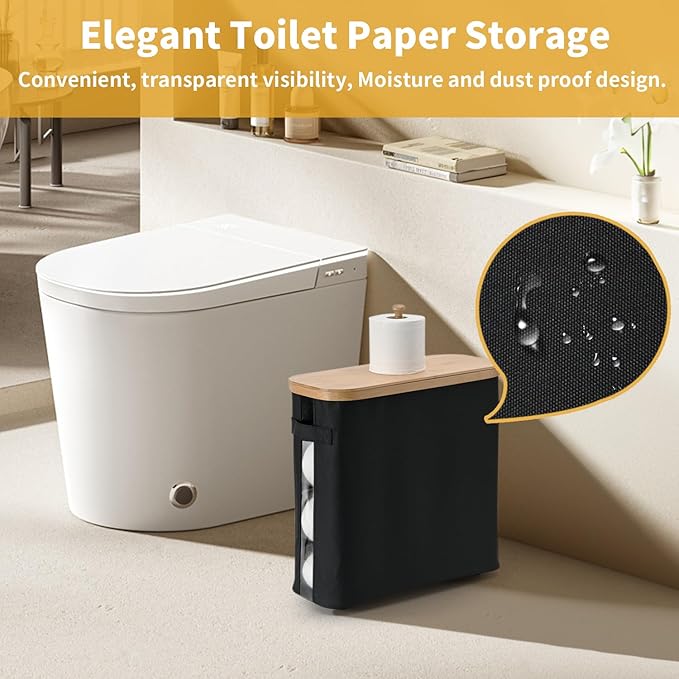 32L Bathroom Toilet Paper Storage Basket with Lid and Handle - Mega Capacity， Bamboo Collapsible Toilet Paper Holder Storage with Non-Slip Bottom, Extra Toilet Roll Storage, Starry Black，1 Pack