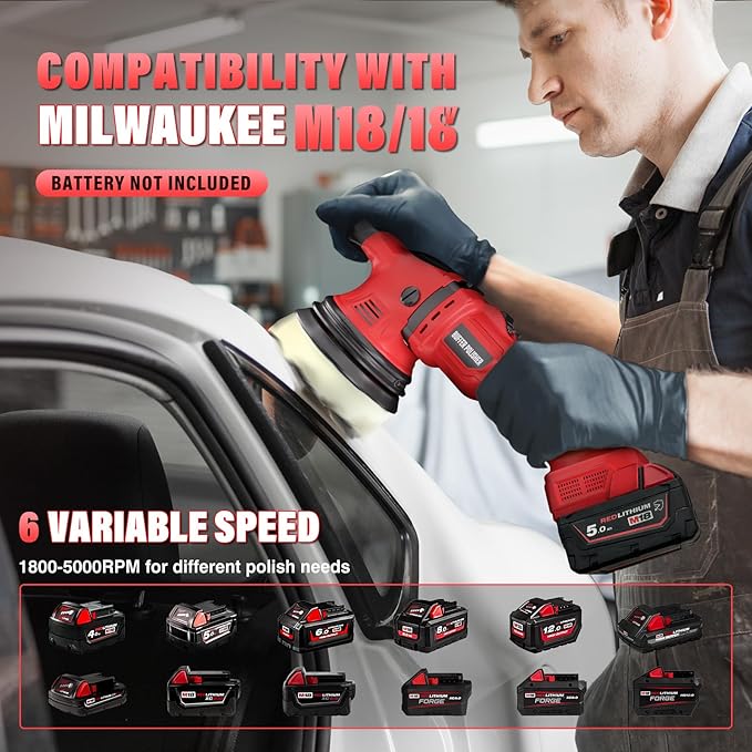 Cordless Buffer Polisher Kit for Milwaukee 18V/M18 Battery (No Battery), 6-Inch Orbital Car Polisher 6 Speed 1800—5500 RPM, 17PCS Polishing Accessories, for Car Polishing/Waxing (Tool Only)