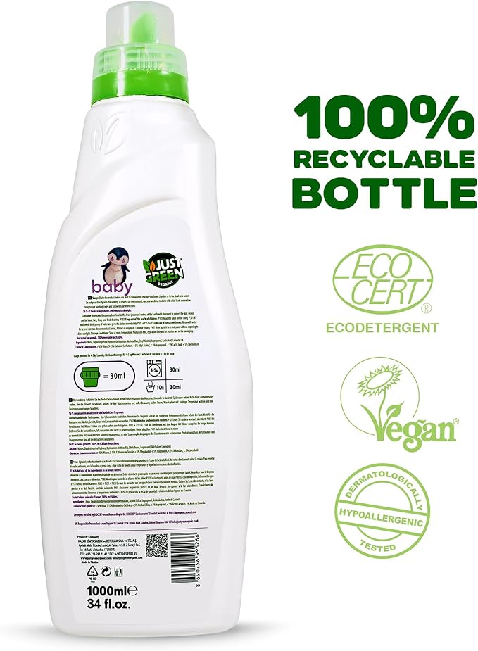 Baby Fabric Softener, Plant-Based Liquid Fabric Softener, Non-Toxic, Hypoallergenic, Fragrance-Free, EcoCert Certified, Vegan, Static Control, 32 Washes, 34 fl oz (1000 ml)