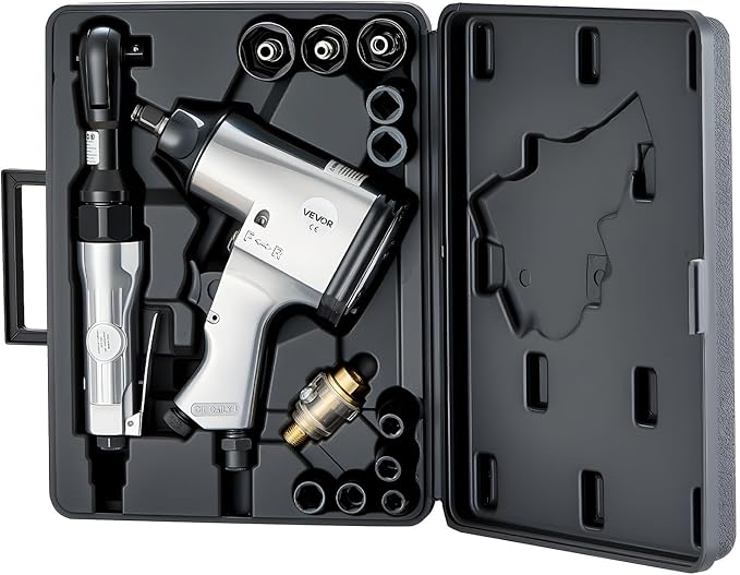 VEVOR 1/2" Air Impact Wrench & 3/8" Ratchet Wrench Combo, 19 Pieces Pro Air Tool and Accessories Kit - Includes 10PCS CR-V Steel Impact Socket Set & Carrying Case for Auto Repair, Home DIY Projects