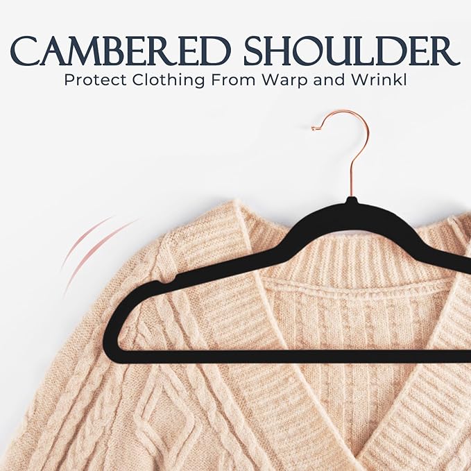 HOUSE DAY Velvet Hangers 30 Pack, Premium Non-Slip Felt Hangers, Sturdy Black Clothes Hanger Heavy Duty, Space Saving Durable Suit Coat Hanger, 360° Rotating Rose Gold Hook