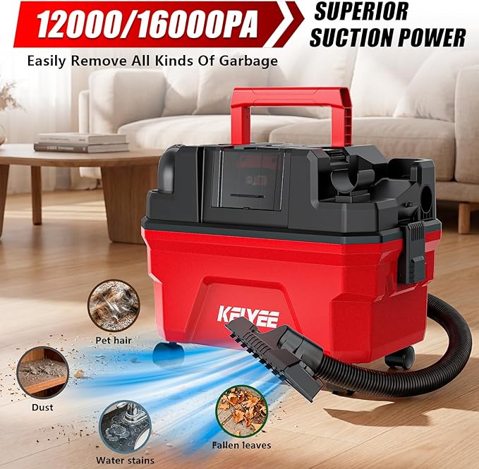Cordless Shop Vac - 3 Gallon Small Shop Vac Wet and Dry with Accessories, 2 x 4.0Ah Batteries Wet Dry Vacuum, Ideal for Garage, Car, Workshop (Red)