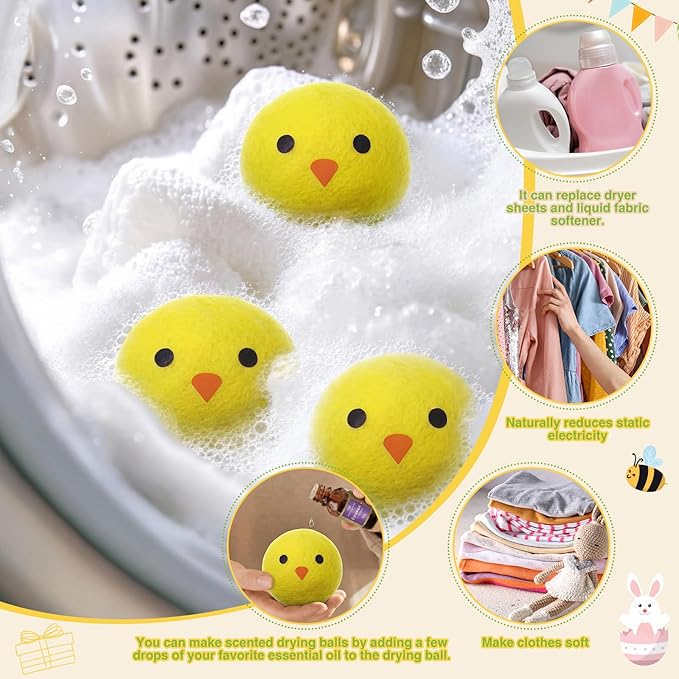 Jenaai 6 Pcs Wool Dryer Balls Bulk for Easter Laundry Basket Cute Organic XL Wool Dryer Laundry Balls Natural Soft Fabric Softener Anti Static Fabric Softener Alternative for Clothes(Easter Chick)