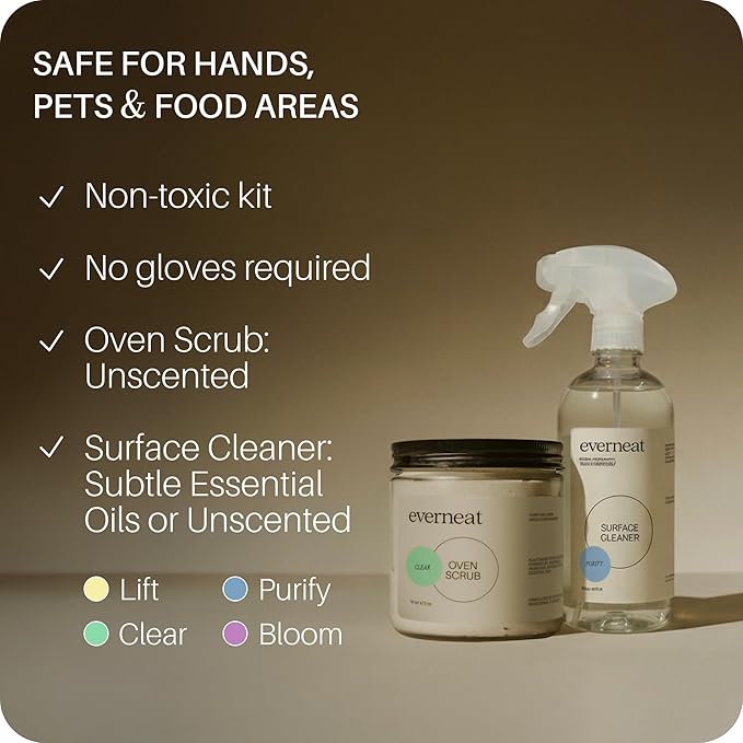 Everneat Oven Cleaning Kit: Natural Oven Cleaner and Kitchen Cleaner | Heavy Duty | Grill, Cooktop, Rack | Fume-free| Non-toxic | Safe to Clean All Ovens (Purify) | Refillable Glass Jar & Bottle