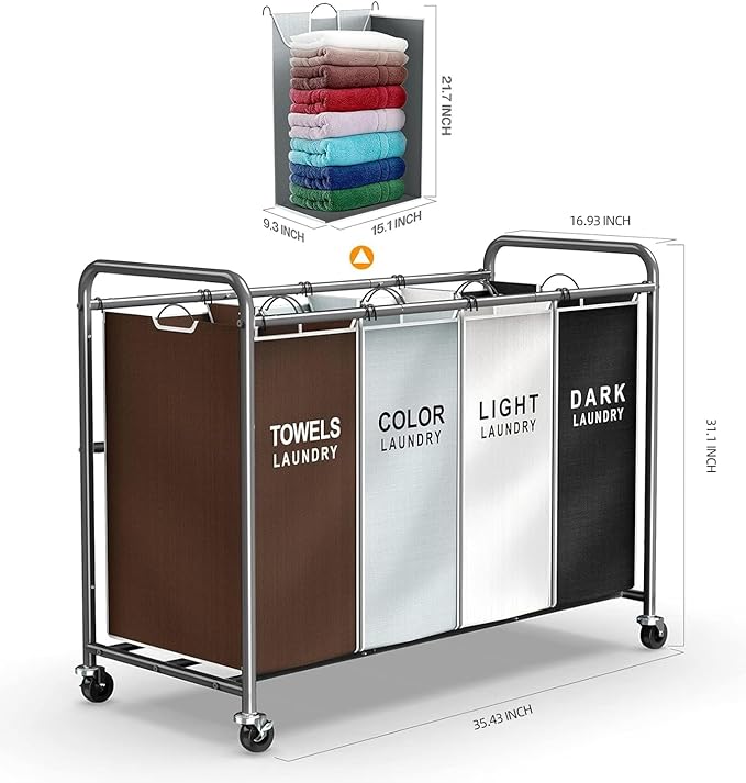 ROMOON Laundry Hamper Sorter Cart: 4-Section Organizer with Heavy-Duty Lockable Wheels and Removable Bags | 180L Rolling Laundry Basket for Dirty Clothes in Laundry Room or Small Spaces (Multicolor)