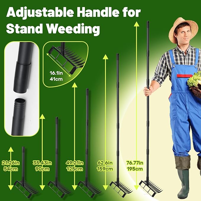 2 in 1 Hoe Garden Tool, 12 Tines Cultivators for Gardening, Weed Puller Tool with 76" Long Handle for Gardening, Weeding, Seeding, Ditching, Loosening
