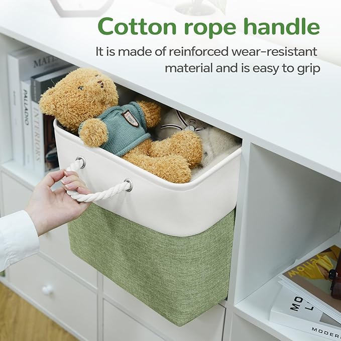 12 x 12 Inch Cube Storage Bins, 4 Pack Fabric Storage Basket with Handles, Foldable Boxes Organizer for Shelf Baskets for Home, Clothes (White/Green)