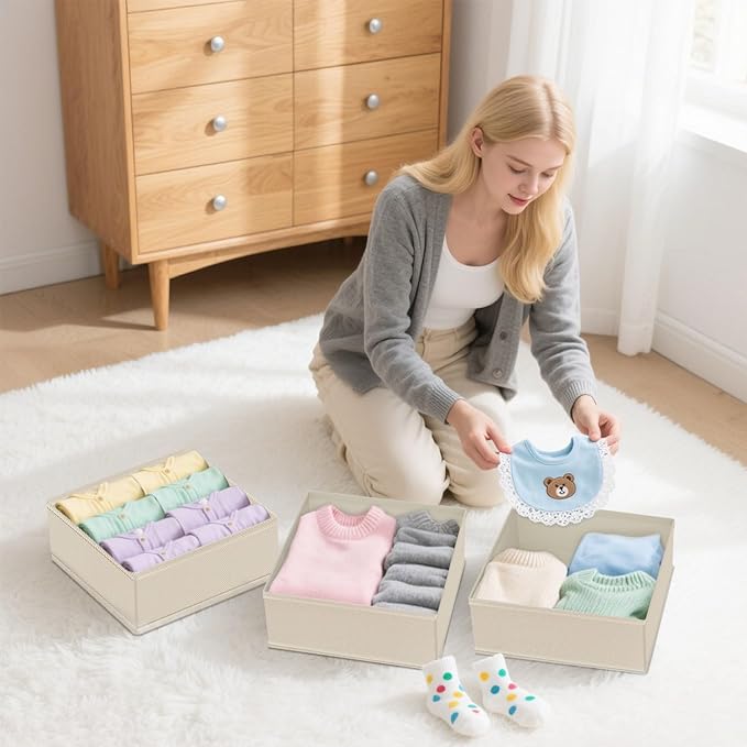 Dorisun Drawer Organizer Clothes - Dresser Organizer for Baby Clothes, Underwear, Sock - Nursery Organization - Foldable Closet Organizatio Dividers for Bra, Belt, Tie (Beige, 6 Pack)