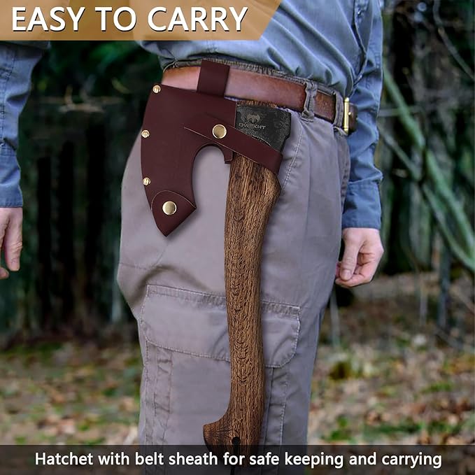 Hatchet, 15.7" Camping Axe with Leather Sheath, Bushcraft Axe with 1065 Carbon Steel & Beech Handle, Survival Hatchet for Wood Splitting and Chopping - Perfect for Gardening and Outdoor