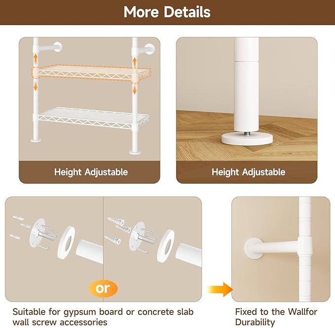 ONBRILL H4 Wall Mounted Closet System, Expandable Industrial Pipe Clothes Rack Clothing Rack for Hanging Clothes, Heavy Duty Closet Organizers and Storage in Wardrobe Closet - White