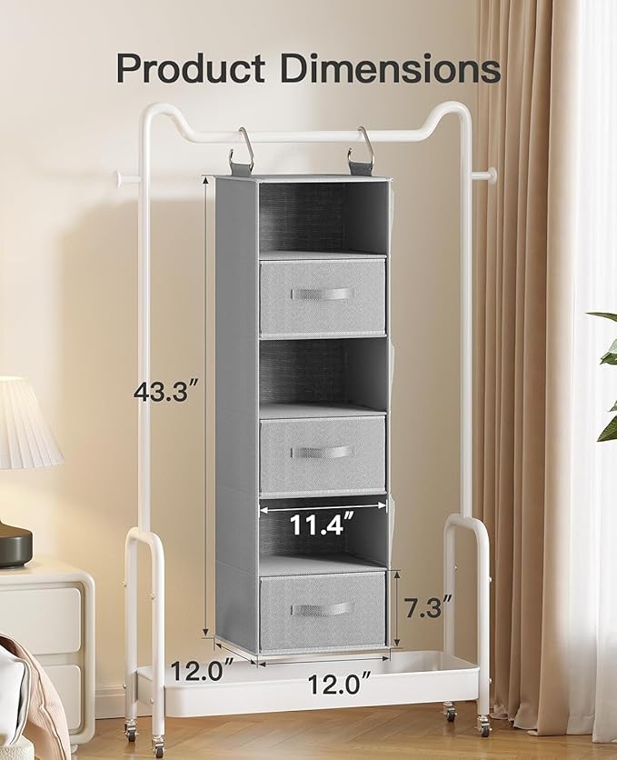 Pipishell Hanging Closet Organizer 6-Shelf, Hanging Shelves for Closet with 3 Removable Drawers & Side Pockets for Bedroom, Garment Rack and Wardrobe Organization, 12' x 12' x 43.3', Dark Gray