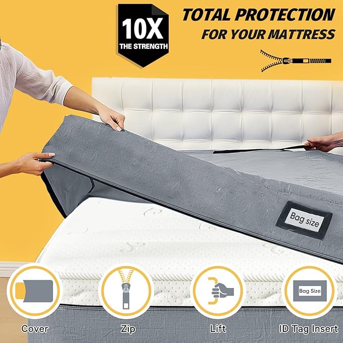 Mattress Bags for Moving and Storage, BETU Queen Mattress Protector Waterproof Mattress Cover with 8 Heavy Duty Handles and Zipper Extra Thick Moving Supplies for Bed Reusable (82x62x13.5 Grey)