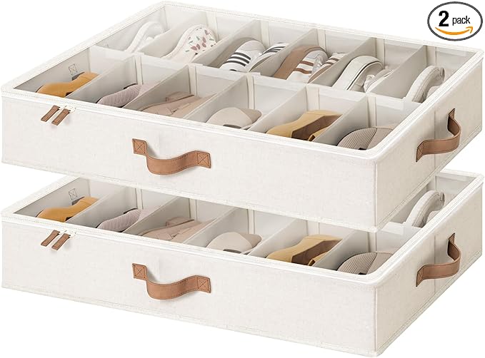 StorageWorks Shoe Organizer for Closet, Fits up to 24 Pairs, 2-Pack Ultra-thick Fabric Under Bed Shoe Storage Containers with Bottom Support and Adjustable Dividers, Beige