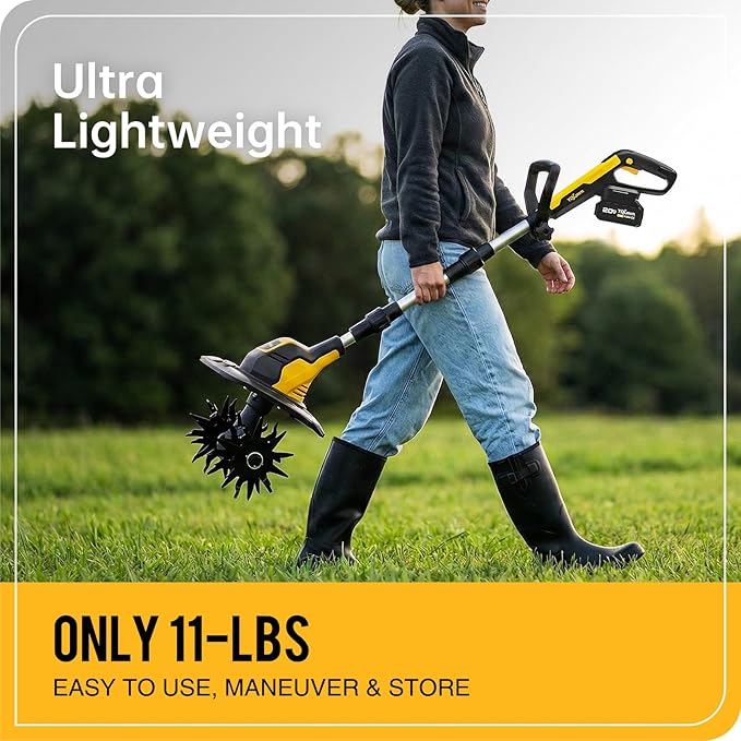 20V Cordless Tiller Cultivator, with 2 * 4.0Ah Batteries & Charger, 9In Tilling Width and 7In Depth Garden Rototiller for Lawn/Gardening/Soil Cultivation, Yellow