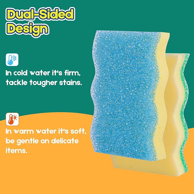 Scrub Sponge, 4 Pack Dual-Sided Temperature-Responsive Scrubber - Non-Scratch - Multipurpose Dish Sponges for Kitchens, Bathrooms, and Outdoor Use - Wave-Shaped