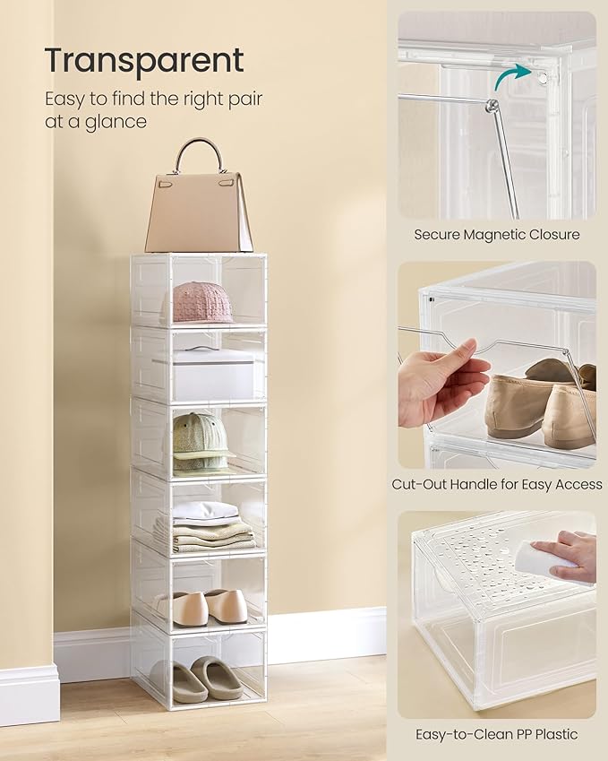 SONGMICS Shoe Boxes, Set of 6, Clear Plastic Shoe Storage, Stackable Sneaker Box, Drop Front Door, Up to US Size 11, Easy Assembly, 13 x 9.8 x 7.1 Inches, Transparent White ULSP032W06