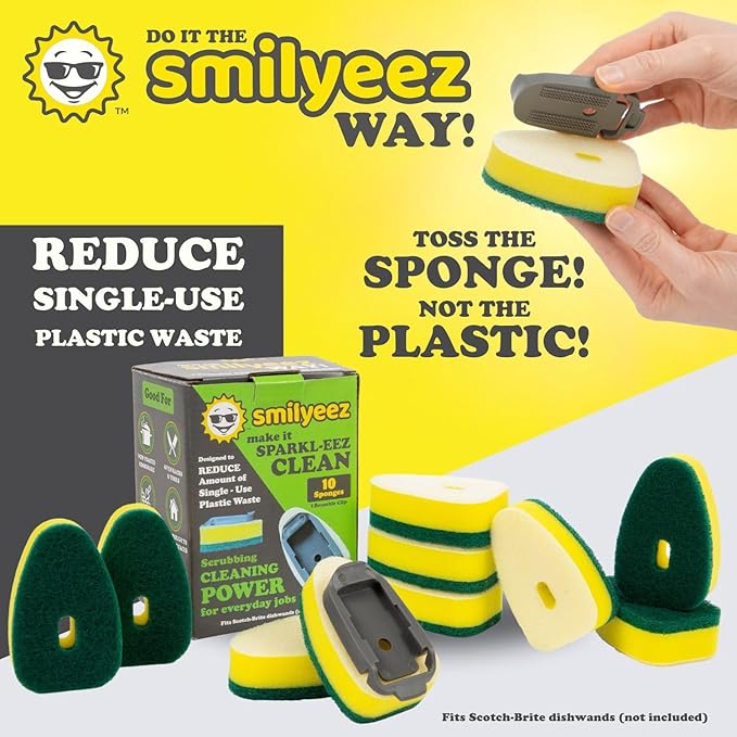 Smilyeez No-Plastic Heavy Duty Green Sponge Refill for Scotch-Brite's Dishwand Refill 10 Pack with Adapter…