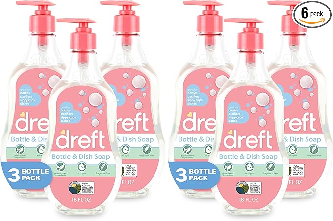 Dreft Bottle and Dish Soap | Made to Clean Baby Bottles,Sippy Cups,Pacifiers,Breast Pumps,& More | Gently Removes Milk Film & Odors-| Plant Based,Fragrance Free Dish Soap-| 18 Fl Oz,(Pack of 6)