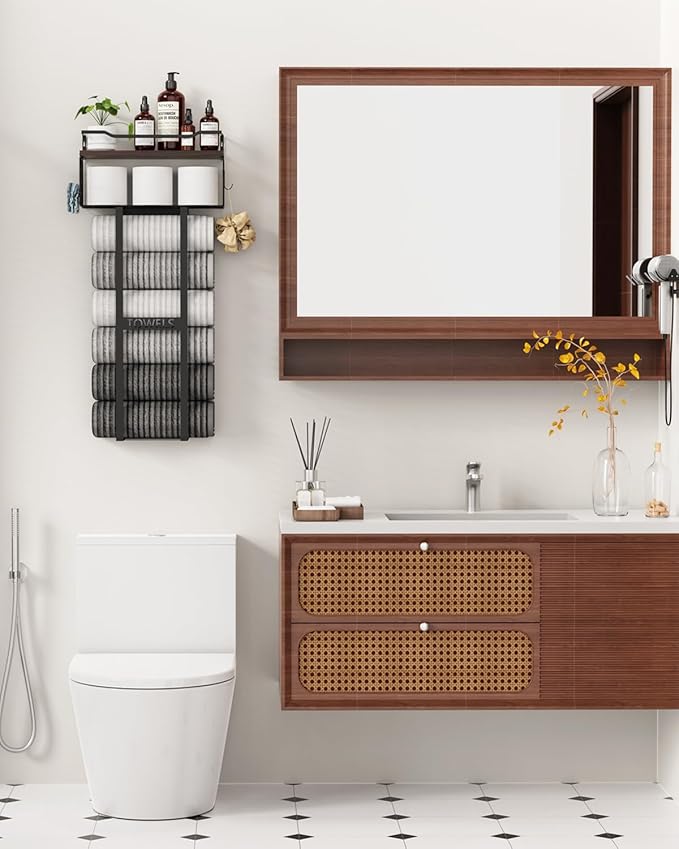 Large Towel Rack & Bathroom Towel Holder - Wall Mounted Metal Rack with Wooden Floating Shelf, Small Bathroom Towel Storage, Easy Holds 6 Large Rolled Towels, Black with Brown Plank