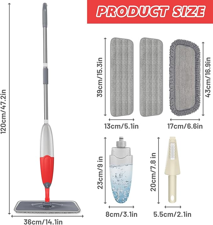 HOMTOYOU Dust Mop for Hardwood Floors: Microfiber Spray Mop for Cleaning Laminate Wood Tile Home Kitchen - 3 Washable Reusable Pads & 1Pcs 400+ML Refillable Bottle