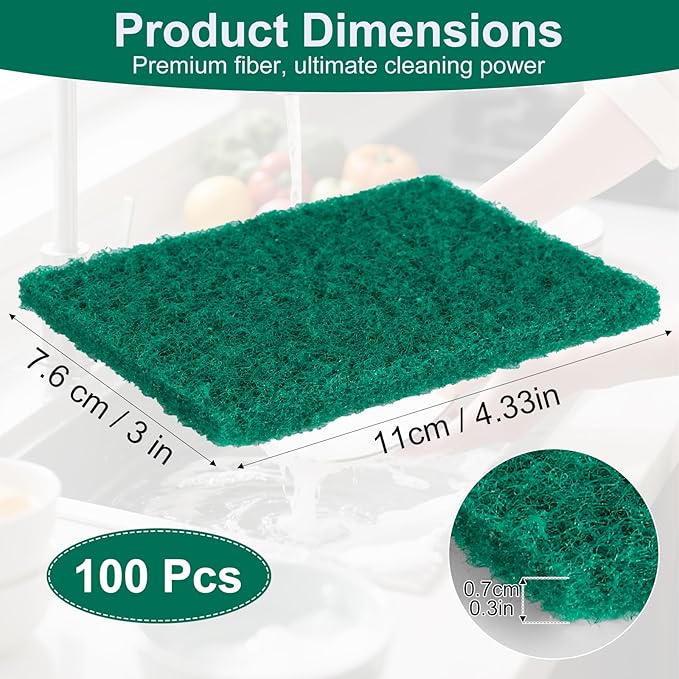 100 Pcs Scouring Pads,Heavy Duty Scour Pads,Dish Scrubber Scouring Pad,Reusable Non Scratch Household Scrub Pad for Dish Kitchen Scrubbers & Metal Grills,4.3 x 3 x 0.3 in (Green)