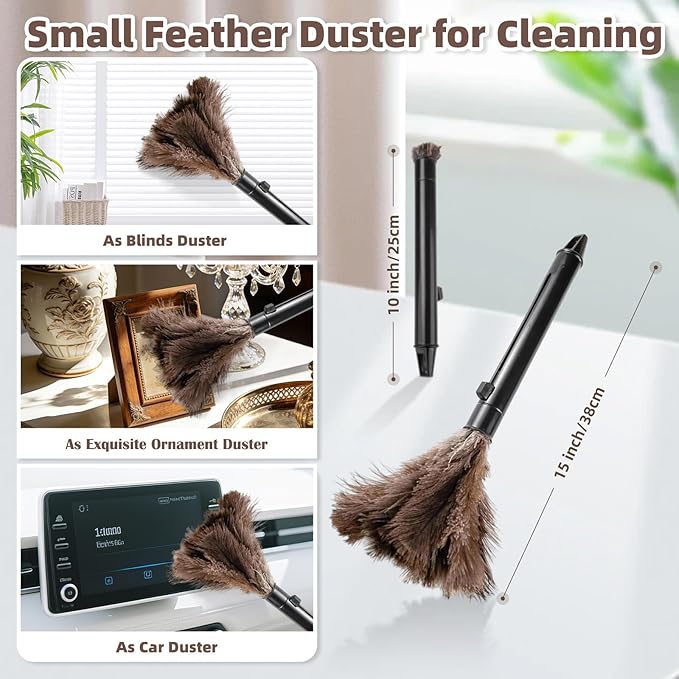 Ostrich Feather Dusters for Cleaning Kit - Reusable Soft Feather Duster Extendable to 49 inches for Cleaning Ceiling Fan, High Ceiling, Blinds & Retractable Small Duster for Keyboard, Car