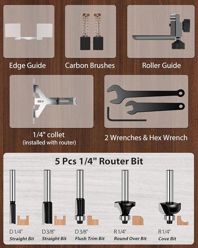 AVID POWER 630W 5.3 Amp Wood Router Tool with Fixed Base Compact Router for Woodworking, 35,000 RPM, 1/4” collet & 5 Trim Bits, Straight & Roller Guide, 2 Wrenches and Carbon Brushes