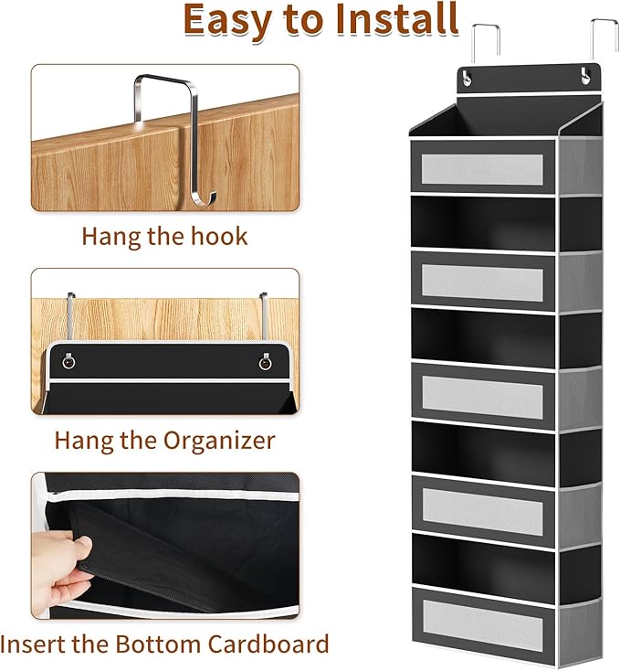 Over The Door Organizer with 5 Large Pockets, Over the Door Storage 10 Side Pockets 44 lb Load Behind Door Storage, Door Organizer Hanging Shelf for Closet Wall Bedroom Bathroom Nursery, 5-Tier Black
