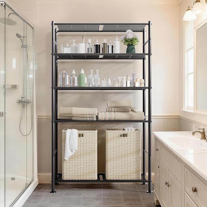 BolDuck 5 Tier Shelf Organizer Rack, Metal Shelving Unit with Adjustable Leveling Feet, Space-Saving Storage Shelves for Garage Closet Laundry Bathroom Kitchen Pantry, 33.07”Wx12.6”Dx72.04”H,Black