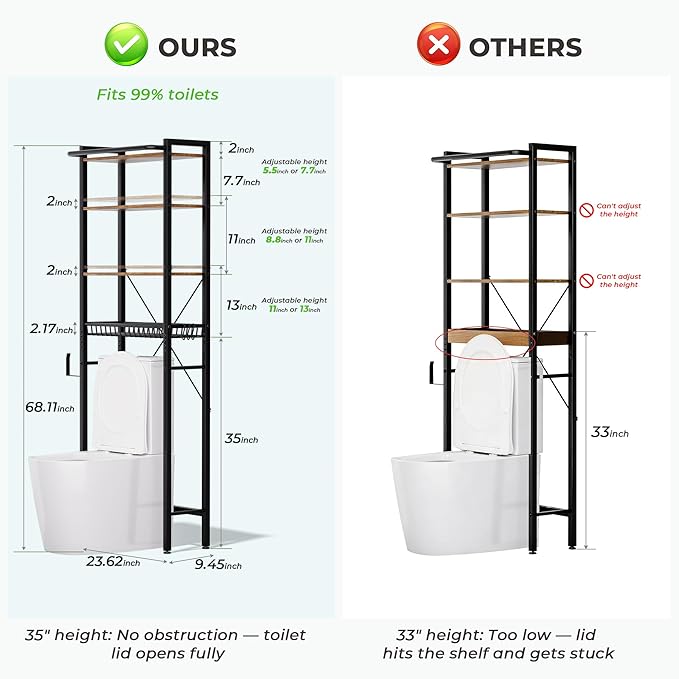 GRUSIGN Over-The-Toilet Storage Shelf, 4-Tier Bathroom Organizer Shelf, Freestanding Space Saver Shelves Over Toilet with Adjustable Shelf for Bathroom, Brown