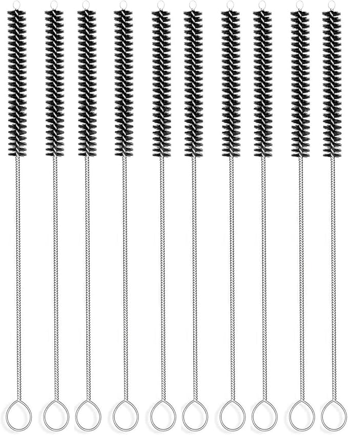 Long Straw Brush Cleaner (10 Pack), Flexible Nylon Tube Cleaning Brushes with 0.4" Bristles, Rust-Proof Stainless Steel Wire Washer for Reusable Tumblers, Sports Bottles & Pipes (10 Inch)