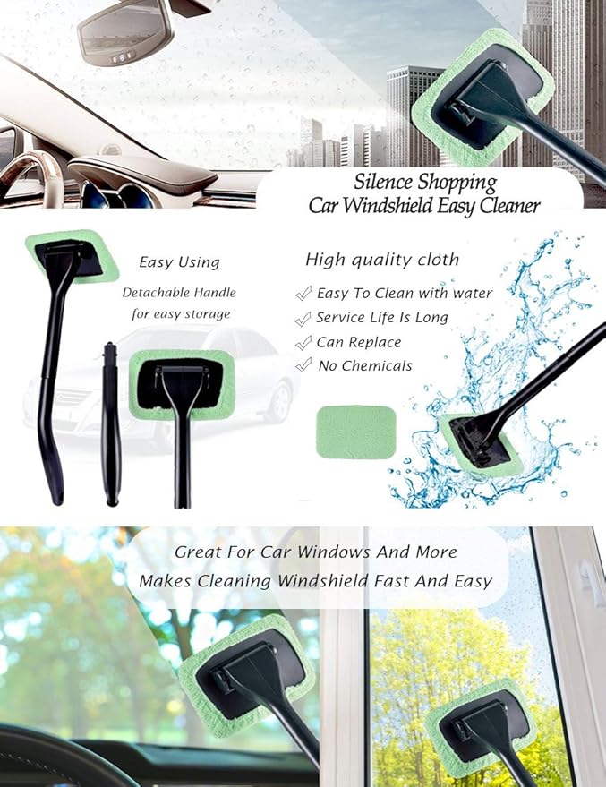 Microfiber Car Windshield Easy Cleaner, Detachable Handle Brush, Cleaning Tool, Come with 2 Pads Washer Towel and 30ml Spray Bottle