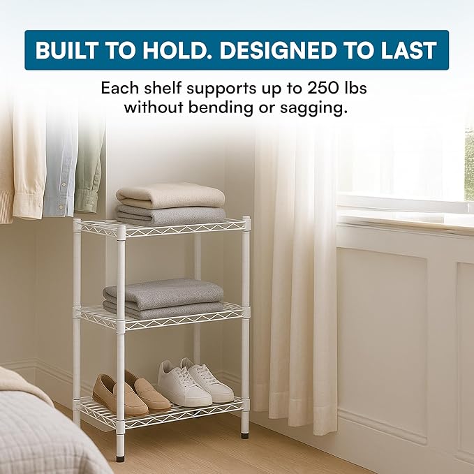 Steel Shelving Unit, 250-Pound Capacity Per Shelf, Adjustable Heights, Rust-Resistant, NSF-Certified for Pantry Organizers, Laundry Room Organization, Storage Shelves