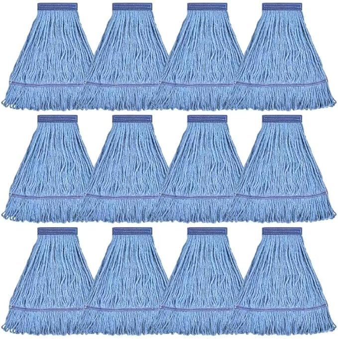 Matthew Cleaning Heavy Duty Mop Head Commercial Replacement for General and Floor Cleaning , Wet Industrial Blue Cotton Looped End String Head Refill (Pack of 12) Blue