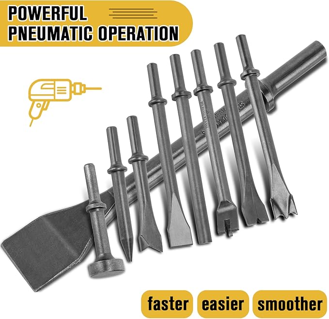 Air Hammer Bits Set - 9pcs Pneumatic Hammer Chisel Bits, Air Chisel Bits, Air Hammer Punch Chipping Bits Set, Air Hammer Atachments for Tile Masonry Concrete Stone Demolition, Rust Removal, Drilling