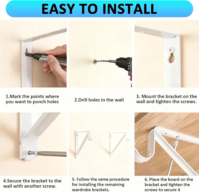 Heavy Duty Closet Rod Bracket 11x11 Inch, 6-Pack White Steel Closet Shelf Brackets,Wall Mount Closet Rod Support Bracket with Screws,Supports 300 lbs