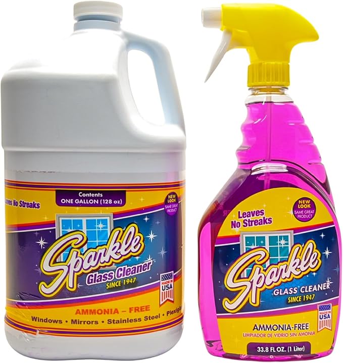 Sparkle Glass Cleaner Spray Bottle & 1 Gallon Refill, Ammonia-Free Original Formula, Streak-Free Shine, 33.8 fl oz + 128 fl oz (Pack of 3)