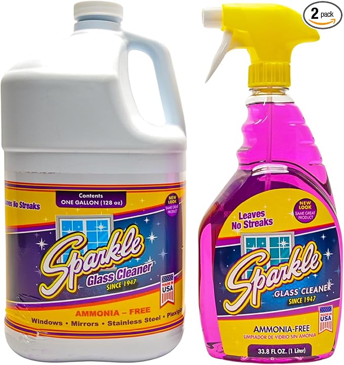 Sparkle Glass Cleaner Spray Bottle & 1 Gallon Refill, Ammonia-Free Original Formula, Streak-Free Shine, 33.8 fl oz + 128 fl oz (Pack of 1 Set)