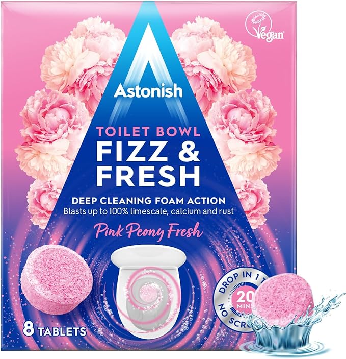Astonish Foaming Pink Peony Toilet Bowl Cleaner - Deep Cleaning Limescale, Calcium & Rust - No Bottle, Removes Hard Stains - Box of 8 Tablets