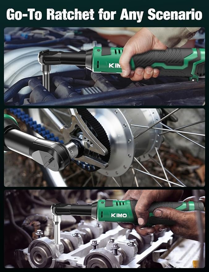 KIMO 3/8" Extended Electric Ratchet Wrench Set, 400RPM 40Ft-Lbs 12V Cordless Ratchet Wrench w/ 2x2.0 Ah Batteries, 1Hour Charger, 7Sockets & 1/4" Adapter, Power Ratchet with Variable Speed & LED Light
