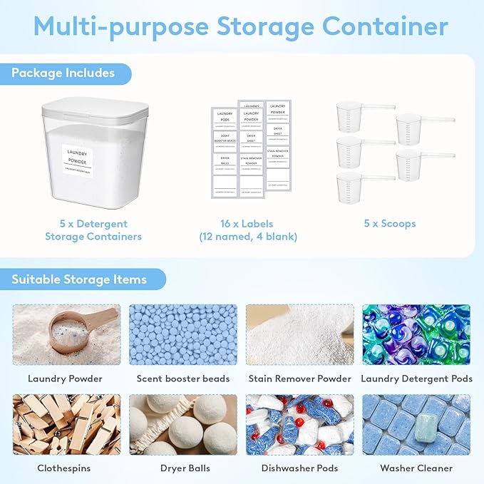 Lifewit Laundry Pods Container with Pop-up Lid, Coffee Pod K Cup Storage, Laundry Room Organization, Dryer Sheet Holder for Washing Powder Detergent, 2700 ml/0.72gal, 5PCS