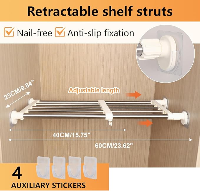 BAOYOUNI Tension Shelf Expandable Clothes Closet Organizer Rack Adjustable DIY Wardrobe Dividers Separator Ivory, 15.75-23.62 Inches