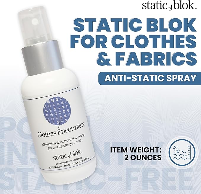 Static Blok Anti-Static Spray for Clothes - Instantly Eliminate Static Cling, Flyaways, and Shocks from Clothes, Fabrics, Linens, Blankets & Rugs- All-Natural Formula - Lasts All Day- 2oz Travel Size