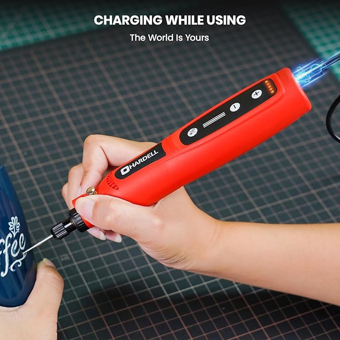 HARDELL Engraving Pen, Cordless Rechargeable Rotary Tool,5 Speed Engraver Pen For Metal, Wood, Plastic And Glass, Engrave 50+ Surfaces with 6 Carving Bit, 3 polishing bit, 20 Sandpaper, 4 Stencils